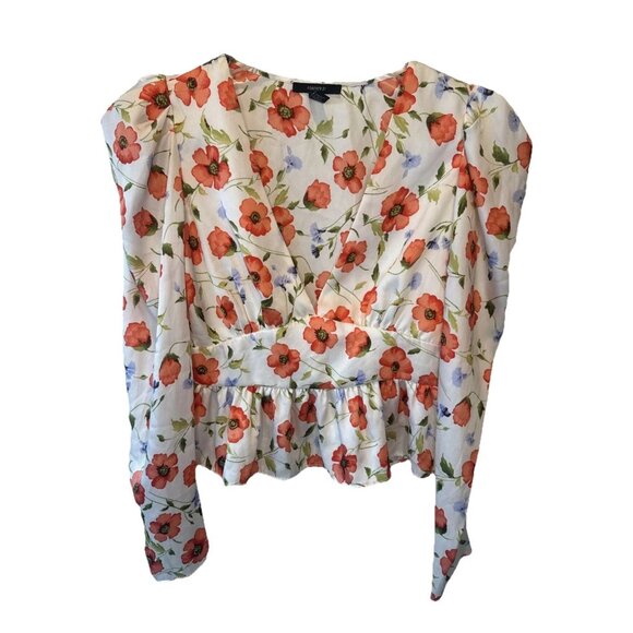 Forever 21 Womens Floral Satin Puff Sleeve Peplum Top Sz L Fairy Feminine - Picture 4 of 12